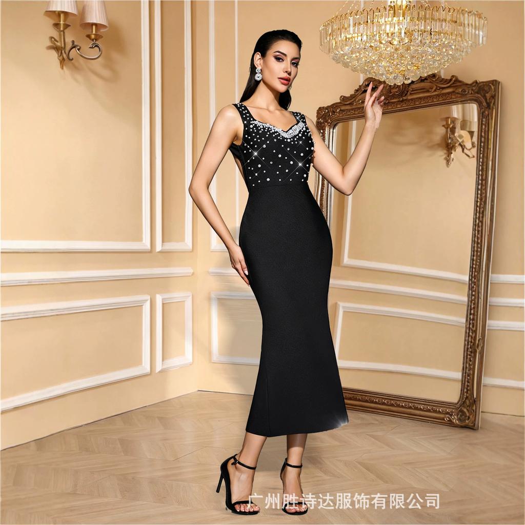 European and American beaded evening dress, high-end waist-wrapped hip square neck sleeveless dress skirt