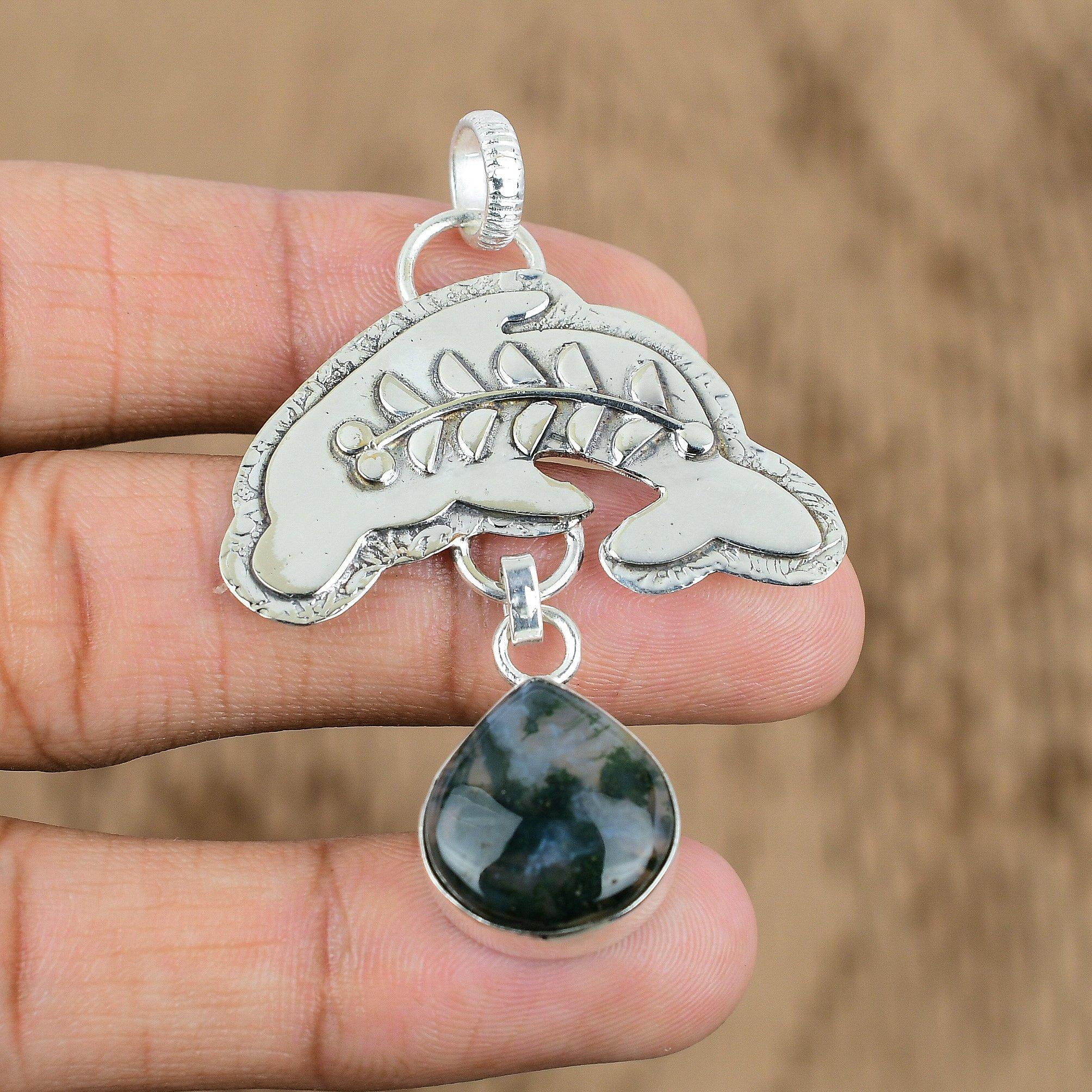 

Womens day Sale 925 Silver Solar Moss Agate Stone Fish Wedding Pendant Jewelry