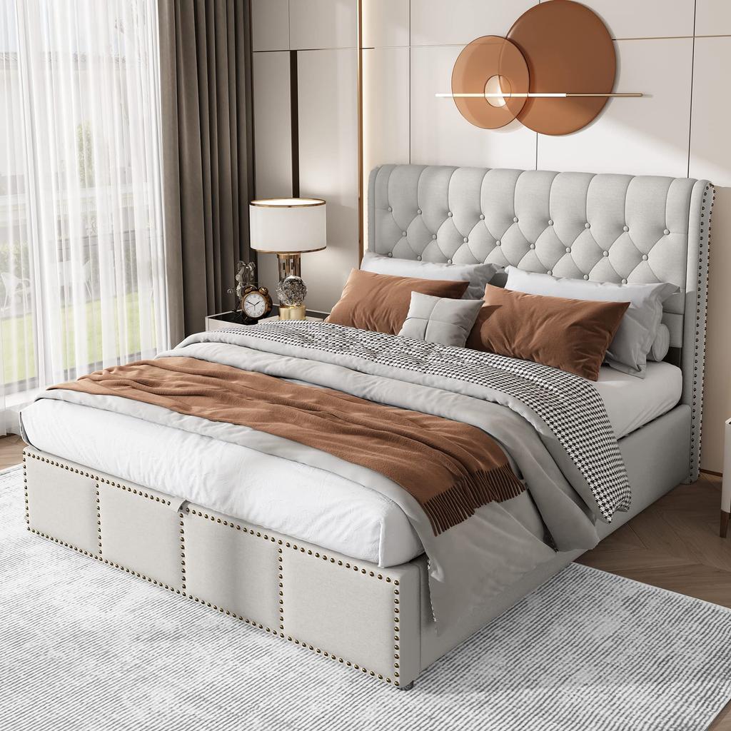 Upholstered Bed 140x200cm Slatted Frame Headboard Hydraulics Storage Space Double Bed Studded Decoration Adults Youth Grey (Without Mattress)