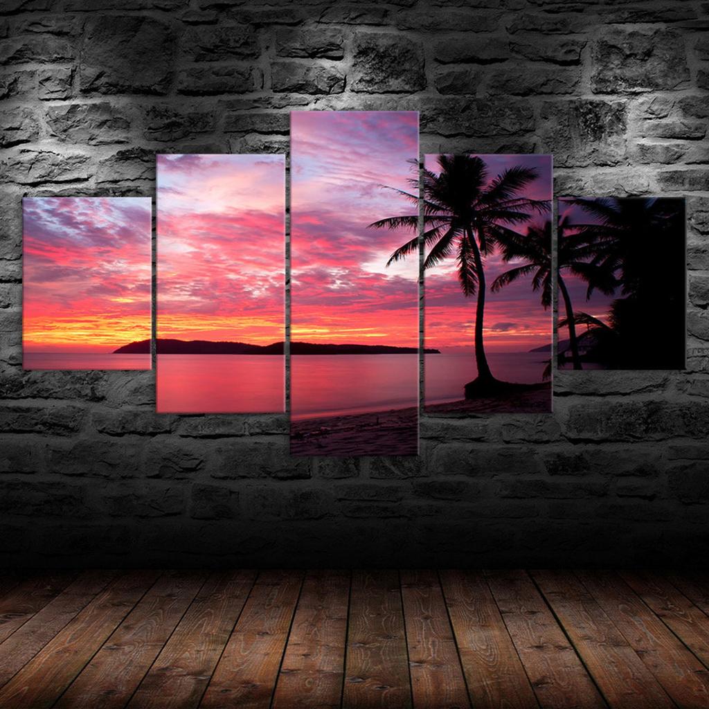 Tropical Island Paradise Sunset Canvas 5 Piece Five Panel Wall Print Modern Art Poster Picture Home Decor Gift For Him For Her