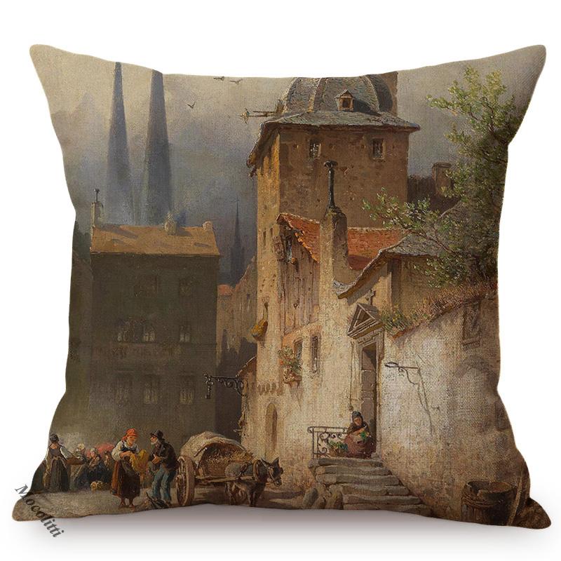 Nordic Rural Landscape Oil Painting Art Sofa Decoration Cushion Cover Rivers Scenery Style Car Chair Throw Pillow Case Cojines