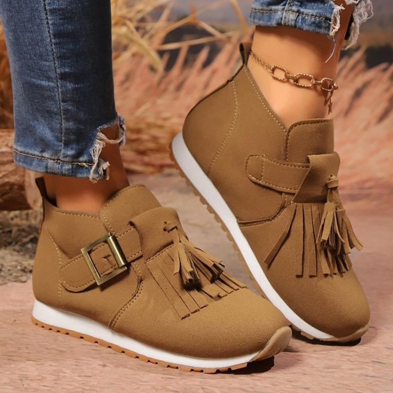 Large size tassel low heel casual single shoes women's autumn and winter new belt buckle suede versatile single shoes