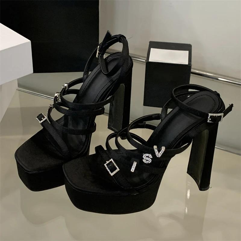Fashion Fashion High Heel Sandals Women Square Toe High Heels Banquet Party Shoes New Design Women Shoes Narrow Band Buckle Strap Sandal