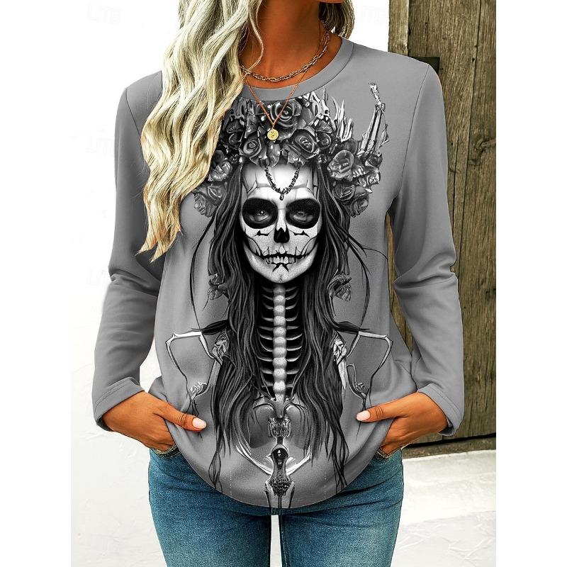 Women's Halloween 3D Printed Skull Long Sleeve Shirt Autumn Loose Casual Polyester Round Neck Fashion Casual Top