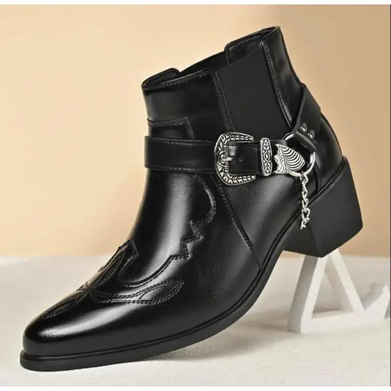 Stivali da Cowboy Vintage alla Moda da Uomo in Pelle con Cinturino Alto a Fibbia a Catena Scarpe a Punta Stivaletti da Motociclista da Uomo