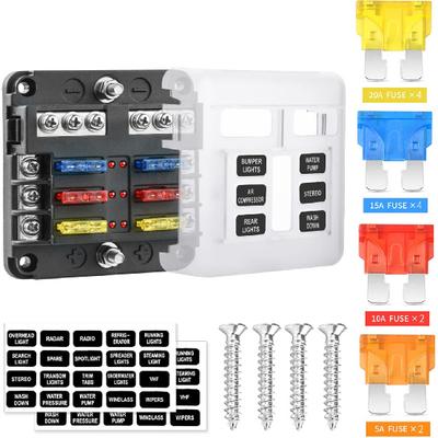 Boîtier de fusibles 12V à 6 voies avec indicateur LED Couvercle étanche - Porte-fusible positif individuel avec support de masse pour véhicule 12V/24V Voiture Bateau