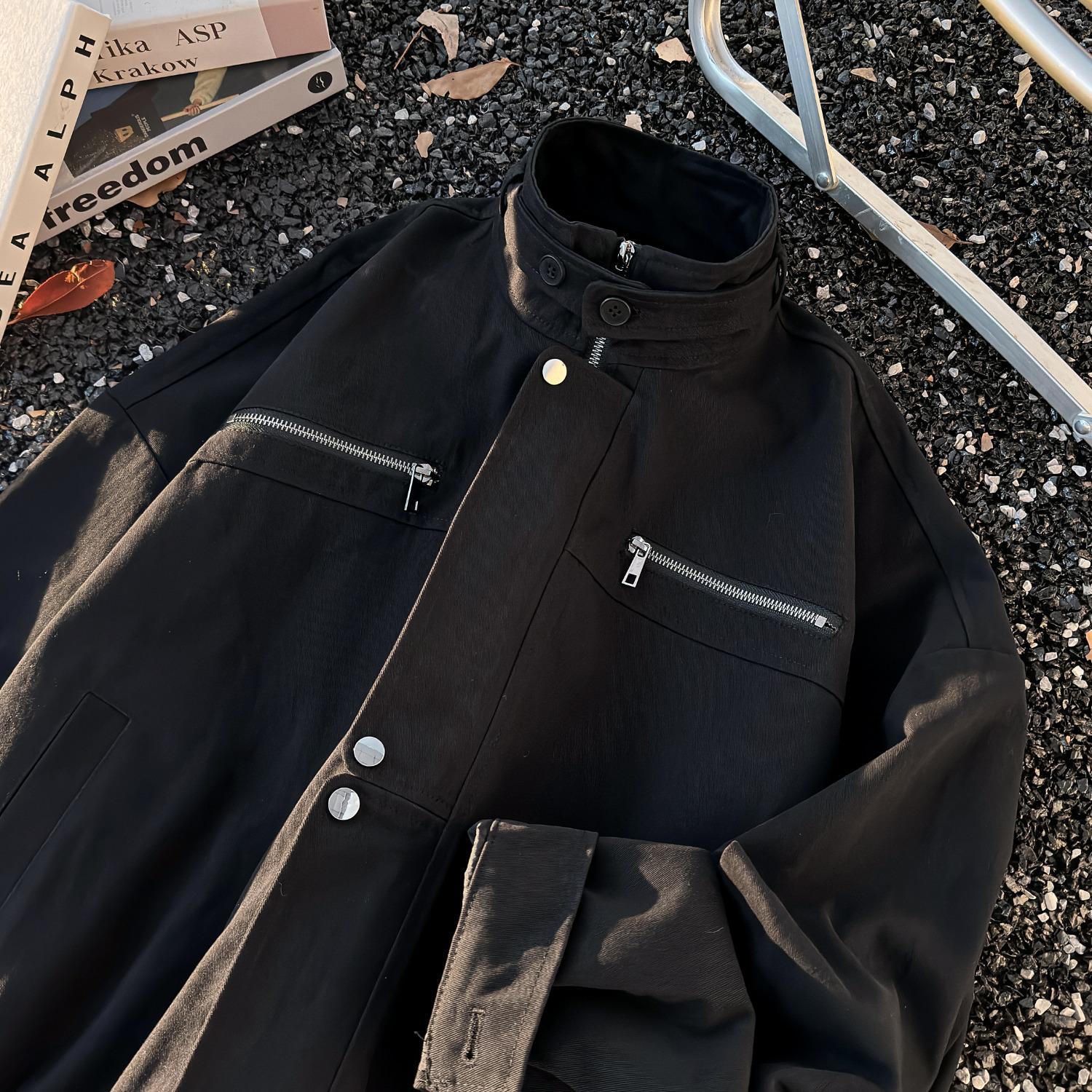 

Unisex Autumn Retro Stand Collar Workwear Jacket - Trendy, Loose, Versatile Casual Coat Large чорний