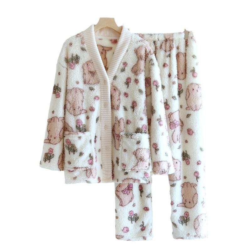 Women's Cozy Flannel Pajama Set – Tulip Rabbit Design for Autumn & Winter