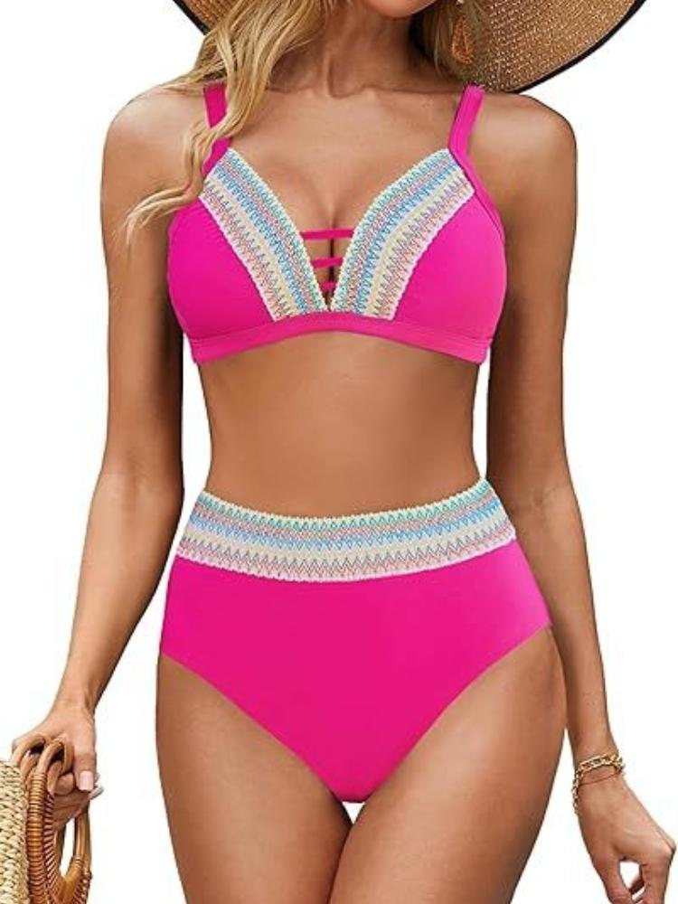Damen High-Waist Tankini Badeanzug Sexy V-Ausschnitt Bikini Set, Träger Bikini Zweiteiler Push-Up Bademode