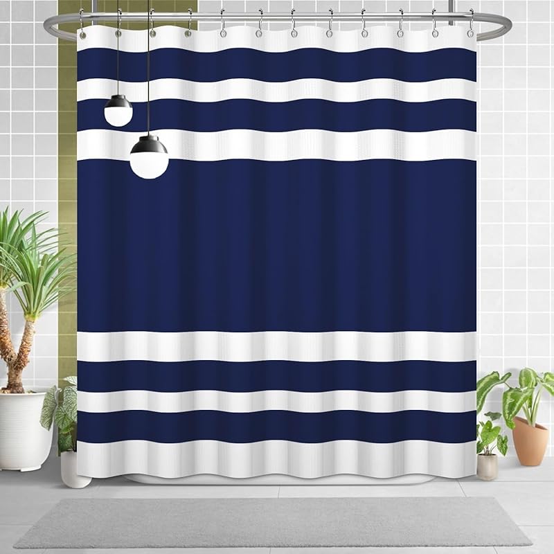 White Navy Blue Shower Curtain for Bathroom 72x72inches Boho Navy Blue and White Striped Waffle Shower Curtain Set with Hooks Bohemia Geometric