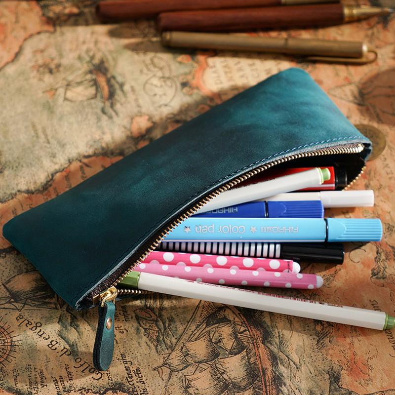 Handmade Vintage Leather Pencil Case Zipper Minimalist Stationery Organizer Students Office