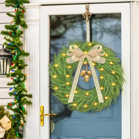 Artificial Christmas Wreath with Bow And Bells Realistic Pine Greenery for Door Wall Decor Outdoor Indoor LED String Lights Xmas Thanksgiving
