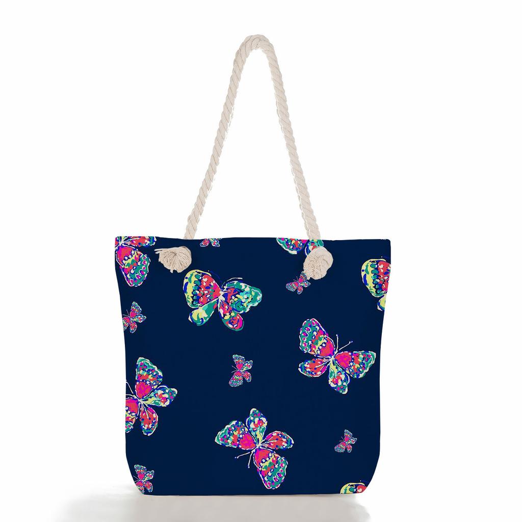 Multifunctional Flowers and butterflies Printed Thick Rope Shoulder Beach Bag Casual large capacity handbag 7615 KTB