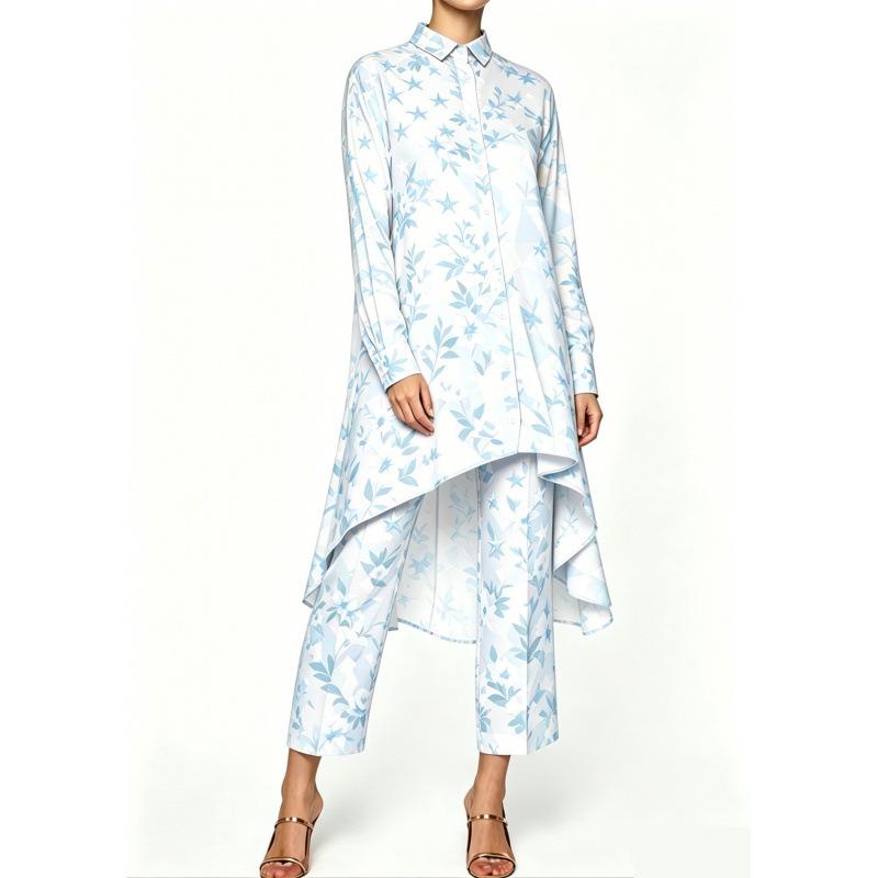 Summer new sunset seascape floral print irregular lapel long-sleeved shirt nine-point pants women's casual suit