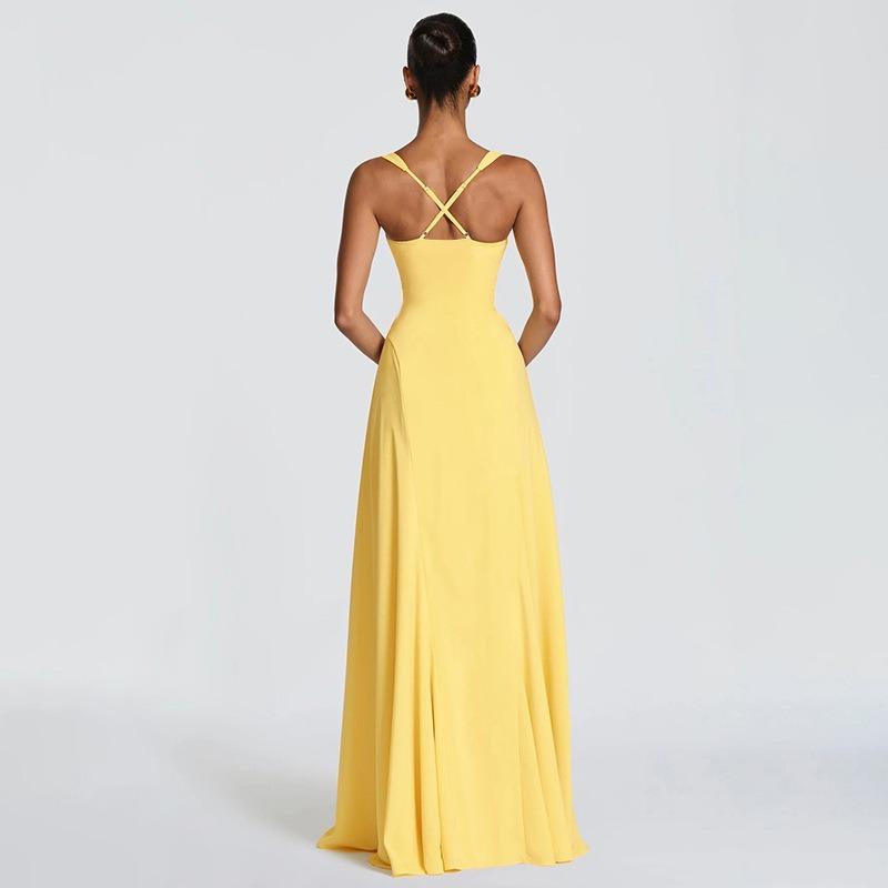 Abito Lungo Aderente Elegante da Donna Senza Maniche con Incrocio sulla Schiena Monocolore