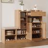 Schuhschrank mit gepolsterter Bank, 3 geflochtene Rattan-Türen und 1 Schublade, Aufbewahrungsschrank mit Schuhregal für Flur, Holzoptik, B142xT35xH110 cm