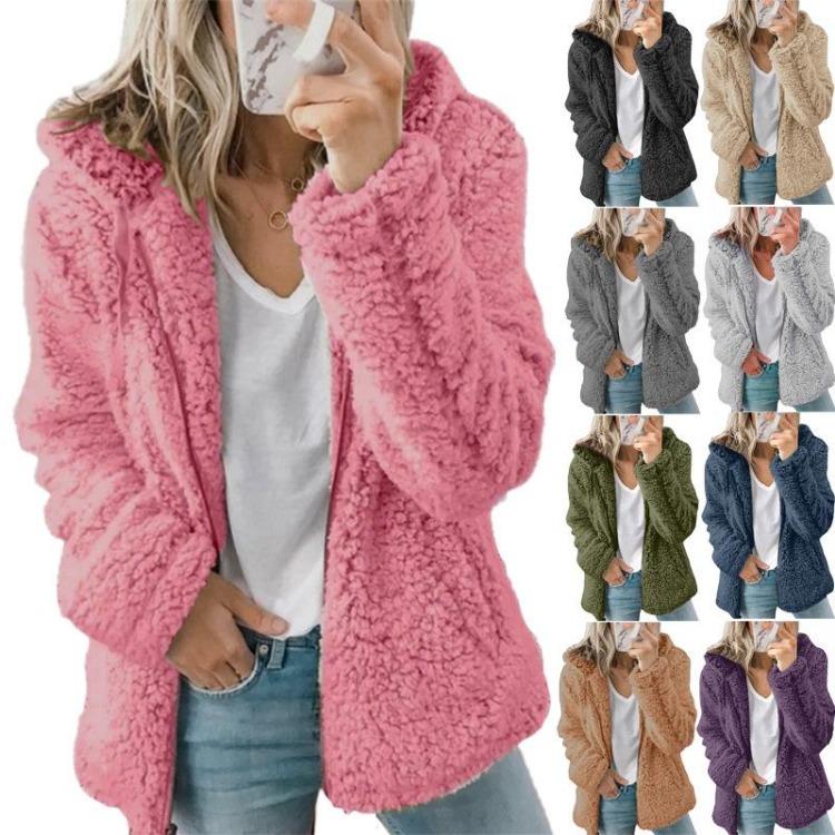 Warm Hooded Fleece Long Sleeve Women Plush Fur Coat Jacket Wool Cardigan