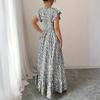 Maxi Abito da Donna con Stampa Floreale Scollo a V Manica a Volant Vita Smockata Lungo Svasato Abito Estivo per Uso Casual o Vacanze