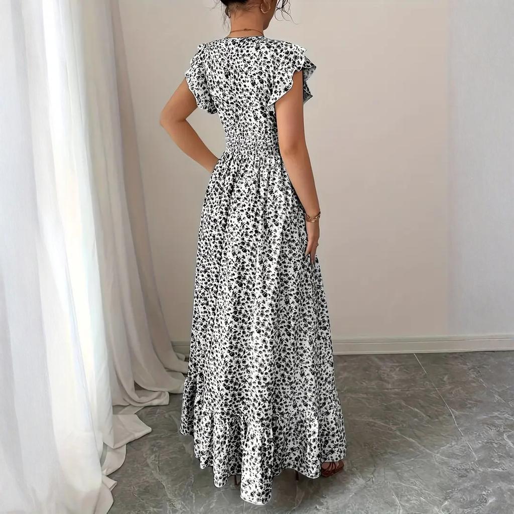 Maxi Abito da Donna con Stampa Floreale Scollo a V Manica a Volant Vita Smockata Lungo Svasato Abito Estivo per Uso Casual o Vacanze