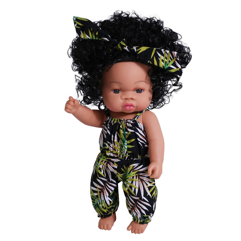 33cm Full Silicone Body Reborn Baby Doll Toys Dark Black Brown Skin Optional Rebirth Doll Lifelike Curly Hair Newborn Doll for Kids Birthday Xmas Gift