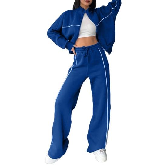 Women Winter 2 Piece Suit Half High Collar Zip Up Long Sleeve Top Elastic Waist Wide Leg Pocket Trousers