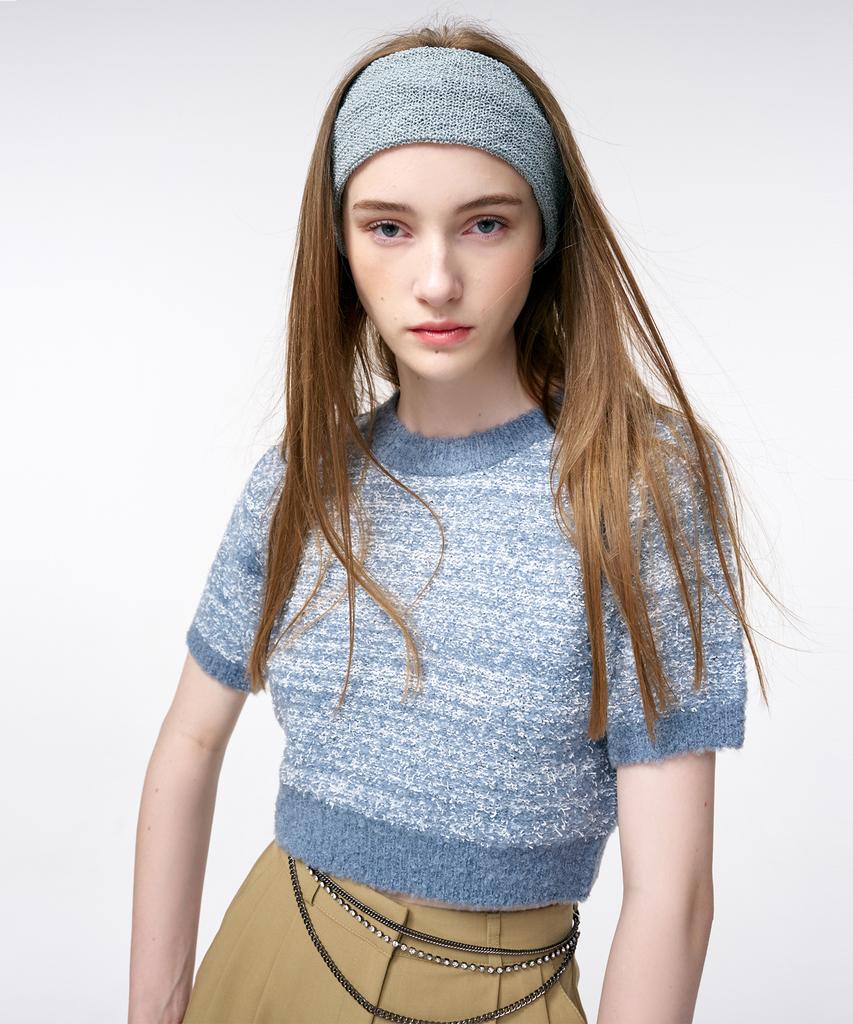 ETMON Color Blend Short Sleeve Knit Top Grayish Blue
