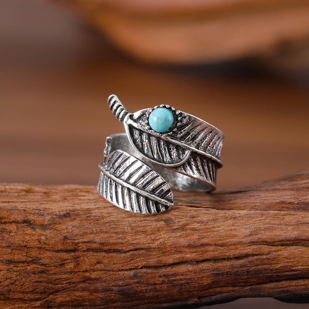 Personalized Retro Leaf Turquoise Open Adjustable Ring New Ethnic Style Trendy Vintage Jewelry