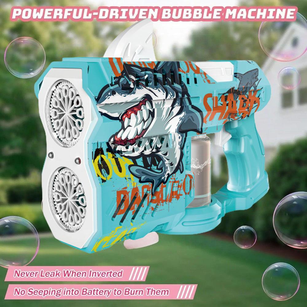 Children and adults' toy, glowing shark bubble gun, electrically fired bubble gun nozzle, essential toy for outdoor play, bubble
