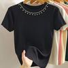 Women's Summer Short Sleeve Knitted T-shirt New Fashion O Neck Beaded Knit Elegant Short Top Female Casual Simple Solid Color Ladies Tshirt 3112