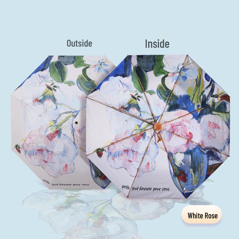 Automatic Black Glue Peony Sun & Rain Umbrella - Double-Layer Anti-UV, Oil Painting Design
