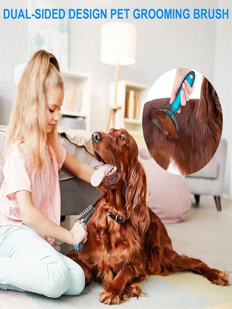 Ergonomic Double-Sided Undercoat Rake - Comfort Grip Dematting & Deshedding Brush Tool, Stainless Steel Teeth, Gentle on Skin, I
