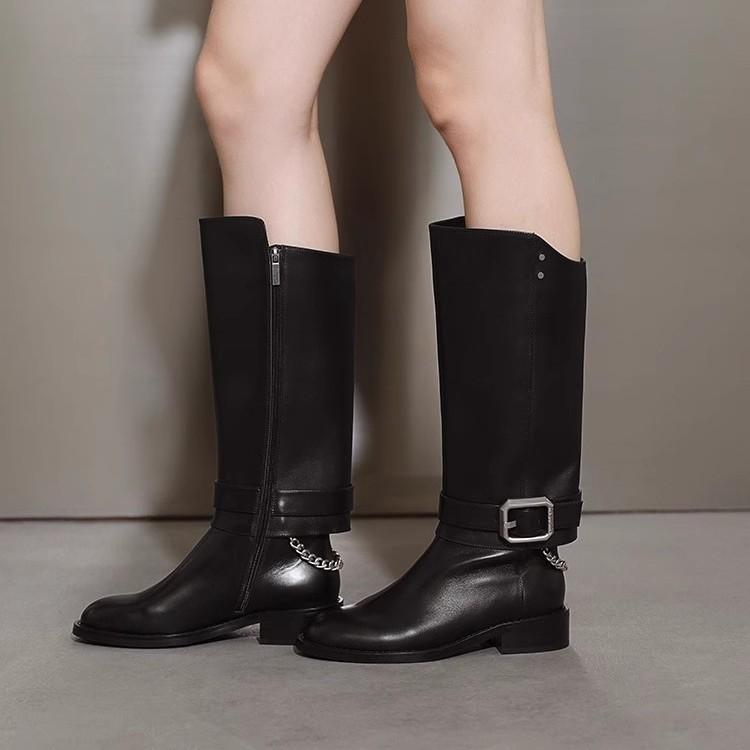 Retro belt buckle but knee boots women's 2025 new straight thick-soled retro round head thick heel back zipper boots