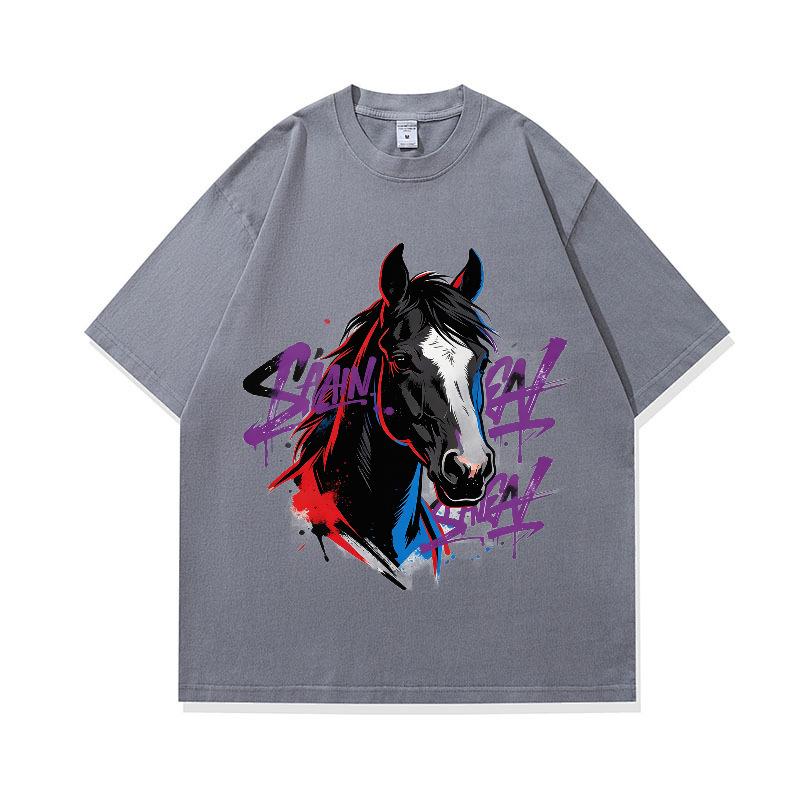 Digital Printing American Retro Horse Pattern Loose Short-Sleeved T-Shirt Digital Direct Injection Printing Custom