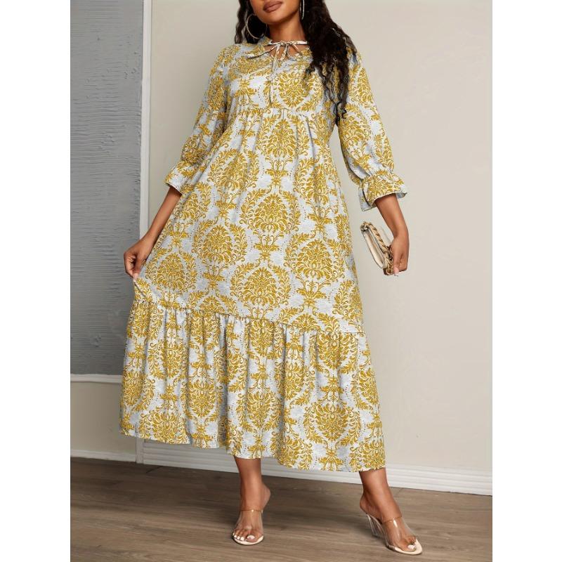Plus Size Women's Printed V Neck Fashion All In One Holiday Dress