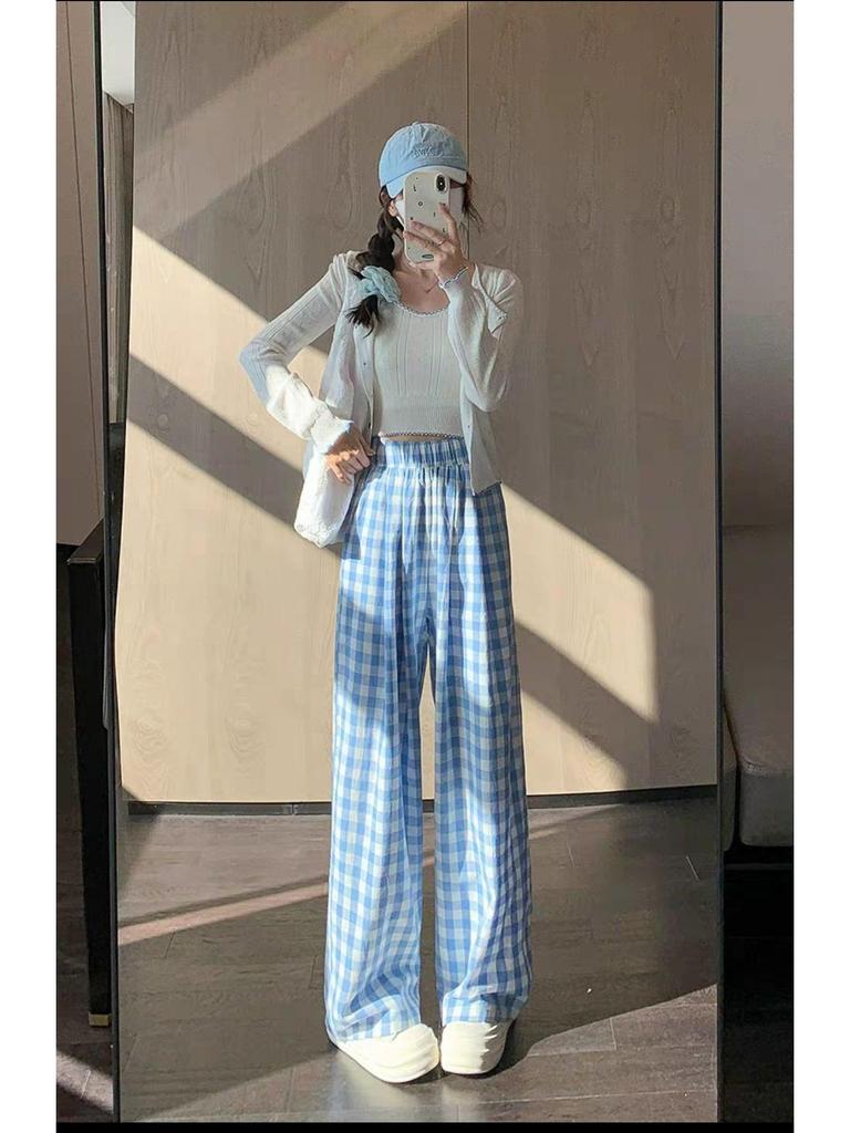 Women's Blue Plaid High-Waisted Wide-Leg Pants - Spring/Summer 2025 Collection