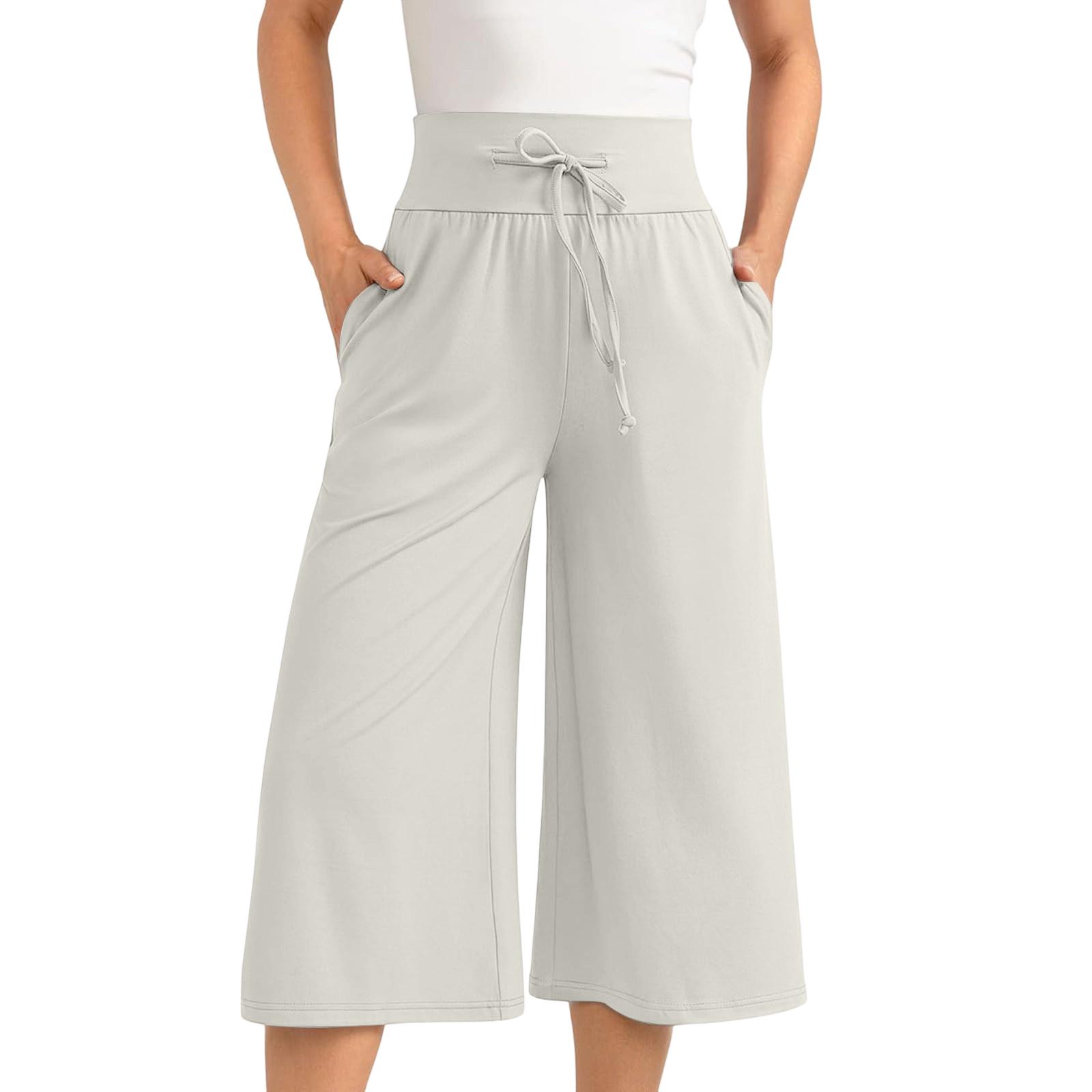 

Wide Leg Cropped Pants for Women High Waist Drawstring Palazzo Trousers with Pockets Loose Fit Casual Style M