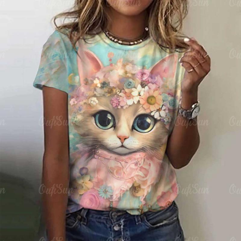 Damen Niedliches Katze Kurzarm T-Shirt Weihnachten Tiere Aufdruck Rundhals T-Shirt 2024 Mode Kleidung Sommer Lässig Oversize