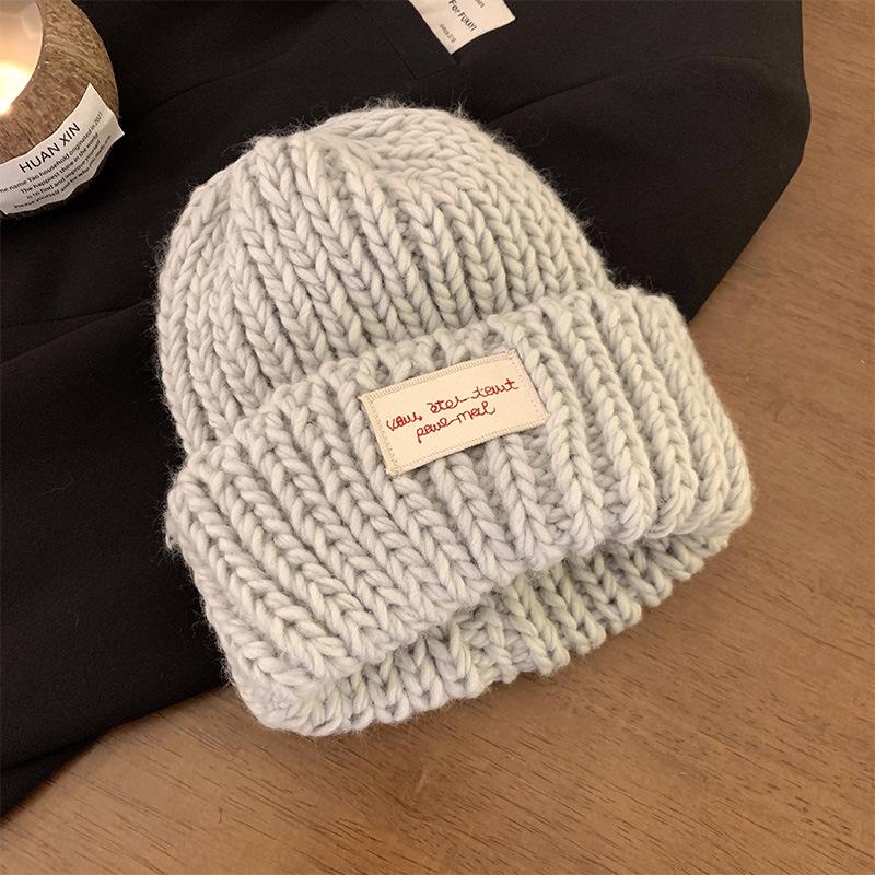 

Big head circumference patch blue knitted wool hat women s autumn and winter face small versatile hat ear protection cold hat Elastic (54-59cm) серый