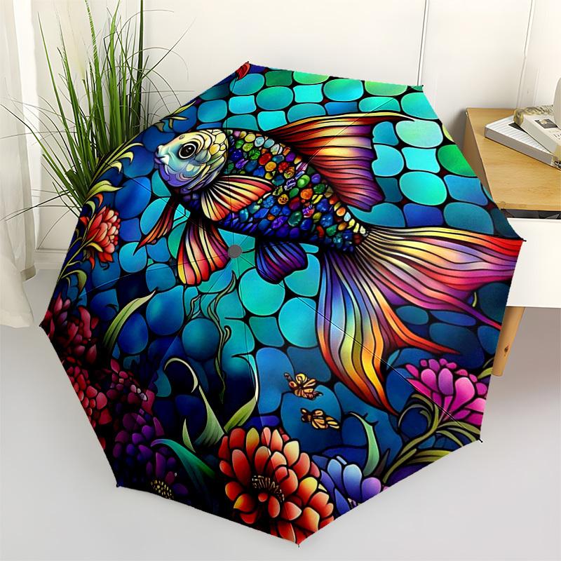 1pc Stained Glass Fish Design Automatic Folding Umbrella - Portable 3-Fold Design with 8-Bone Iron Frame, Perfect for Outdoor Use, Festive Gifts, Trav