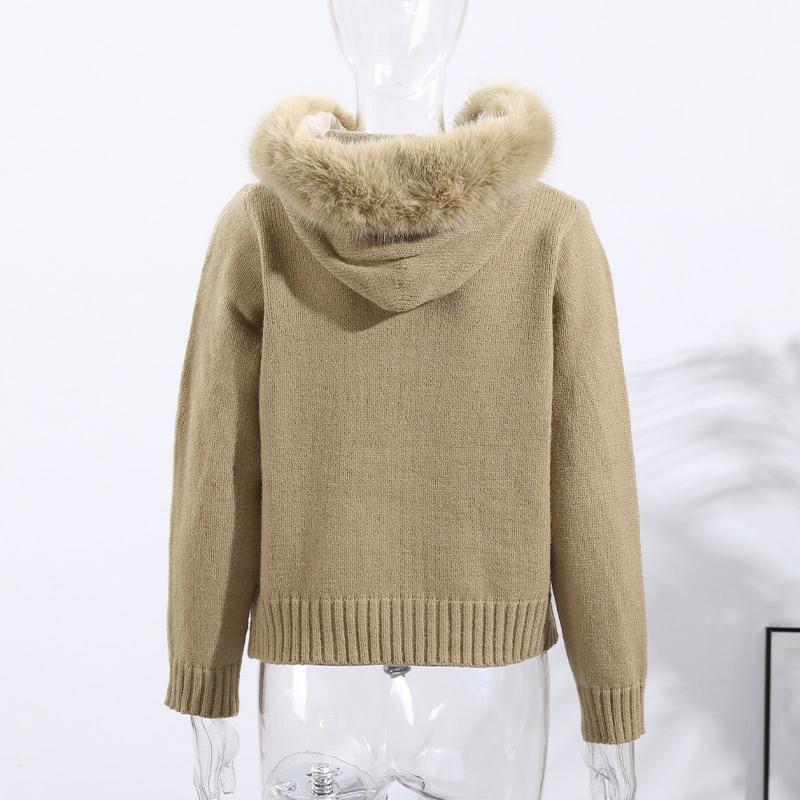 Long-sleeved Fur Collar Hooded Sweater Autumn and Winter Inner and Outer Wear Dual-purpose Ladies Solid Color Zipper Blouse Slim Knit Ladies Cardigan