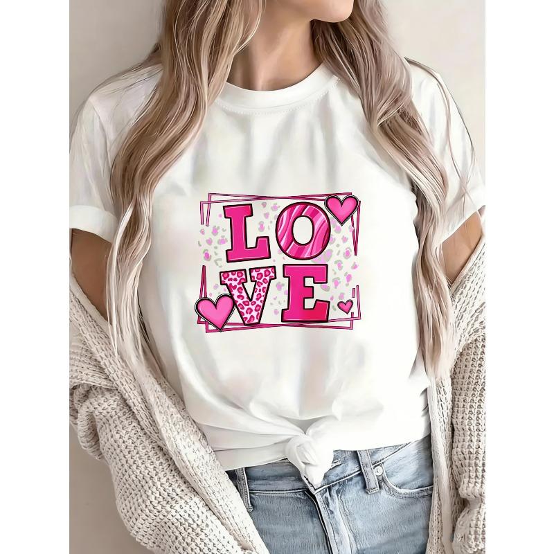 Cotton T Shirt White Love Pink Heart Leopard Print Design For Valentine Day Casual Wear