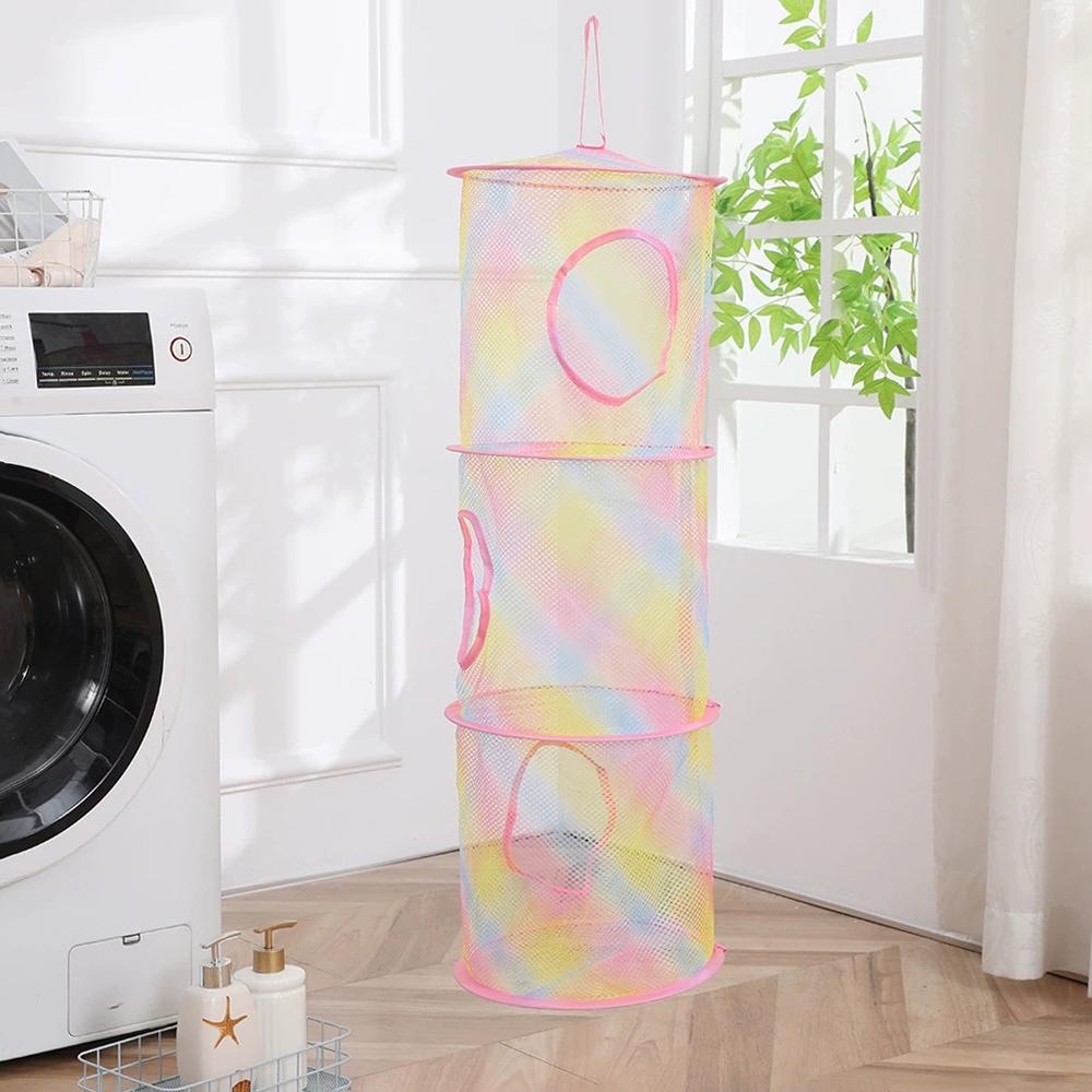 Colorful dirty clothes basket, breathable and foldable, three-layer toy hanging basket, home clothes drying net