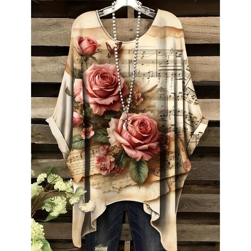 New Women's T-Shirt Vintage Floral Pattern Printed Asymmetrical Hem O-Neck Short Sleeve Top Casual Fashion Street Outdoor Tops