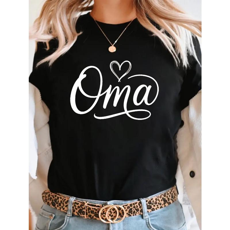

Plus Size, Oma Letter Print Plus Size Women s T-shirt, Short Sleeve Crew Neck Casual Top for Summer & Spring, Women s Clothing S чёрный
