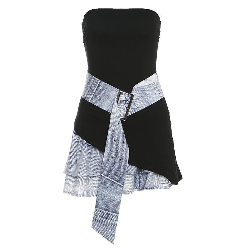 

Осенняя женская мода сексуальная узкая юбка-халтер контрастного цвета на груди платье S чёрный