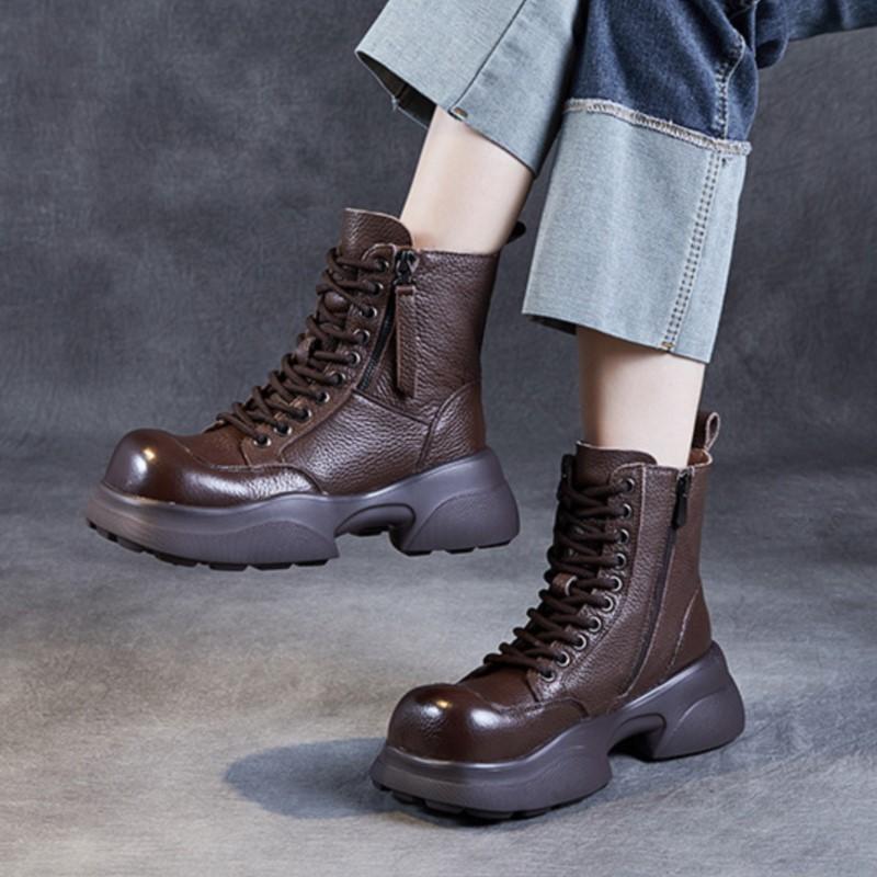 Johnature Vielseitige kurze Stiefel aus echtem Leder mit quadratischem Zehenbereich, lässige Stiefel mit dicken Sohlen, Damenschuhe