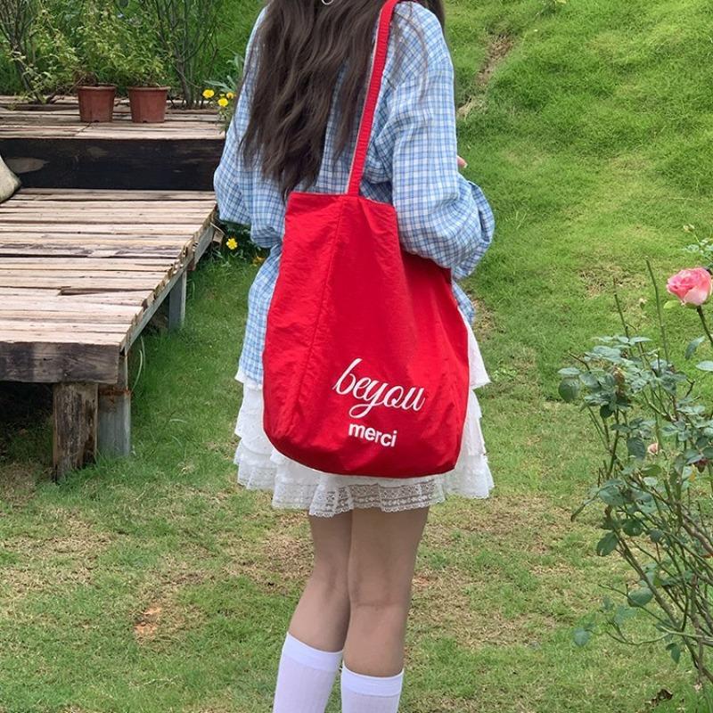 Double-sided striped canvas bag Lazy wind large capacity shoulder tote bag Student casual shopping bag Female