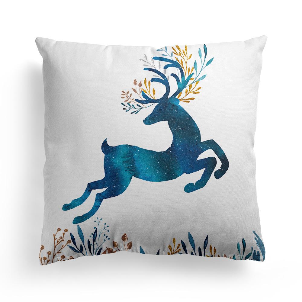 New Christmas Blue Watercolor Elk Pillow Cover  Decoration Holiday Gift Sofa Cushion  Bedroom Room Home