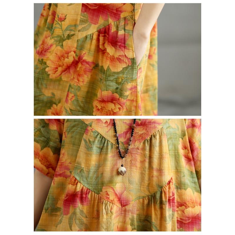 DIMANAF New 2025 Plus Size Summer Dress Women Prinitng Vintage Floral Long Casual O-Neck Dress Loose Dress Maxi