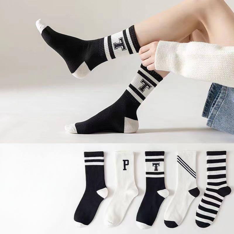 5 Pairs of Trendy Socks, Striped Letter PT Mid-calf Socks, Women's Breathable and Sweat-absorbing Cotton Socks